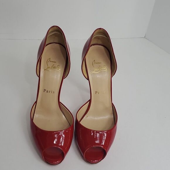Christian Louboutin Patent Peep Toe Red Heels Size 37.5 - Picture 2 of 14